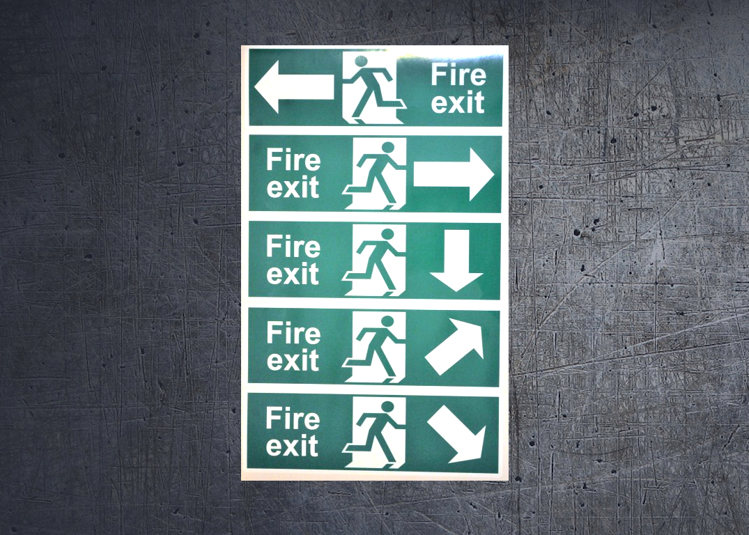 Set of 5 Fire Exit running man stickers. (image for) Set of 5 Fire Exit running man stickers.